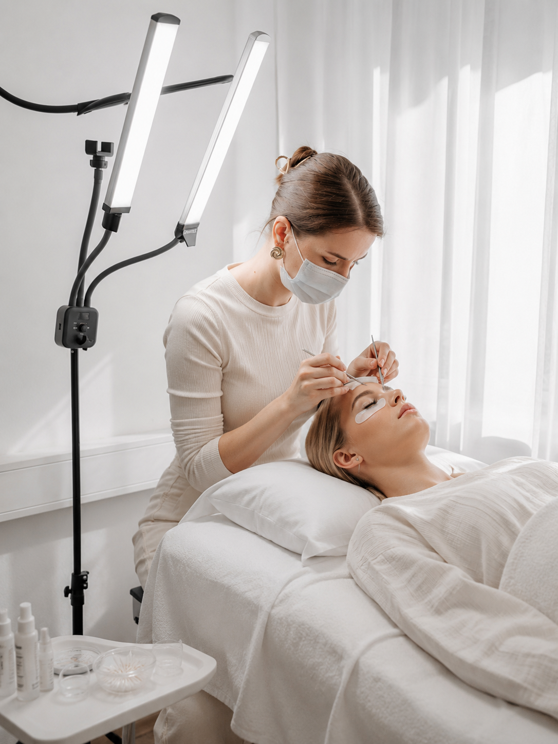 A beauty therapist wearing a face mask and cream top applies makeup to a client lying on a treatment bed in a bright, clean spa room with dual LED light panels.